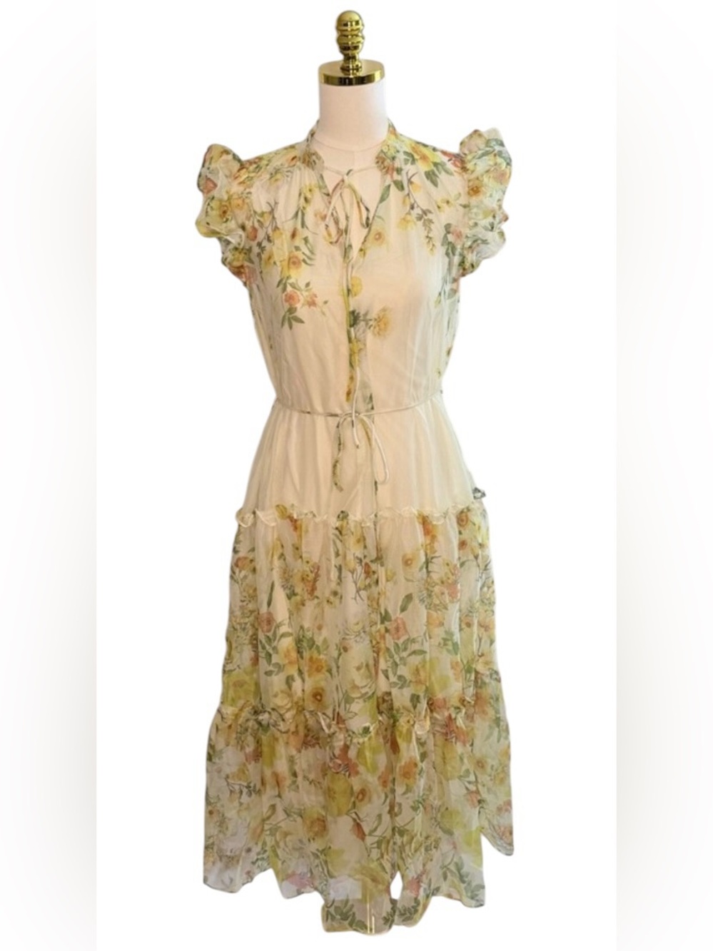 NWT Lulus XS Yellow Floral Tie Waist Midi Dress Coquette Feminine